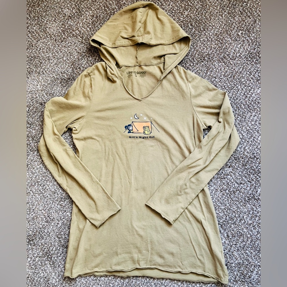 Life Is Good Hooded Long Sleeve Shirt Womens Small Olive Green Graphic Pullover